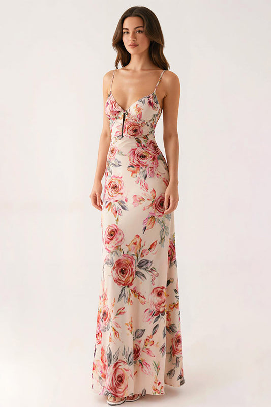 Robe de soirée longue fourreau fleurie rose clair à col en V