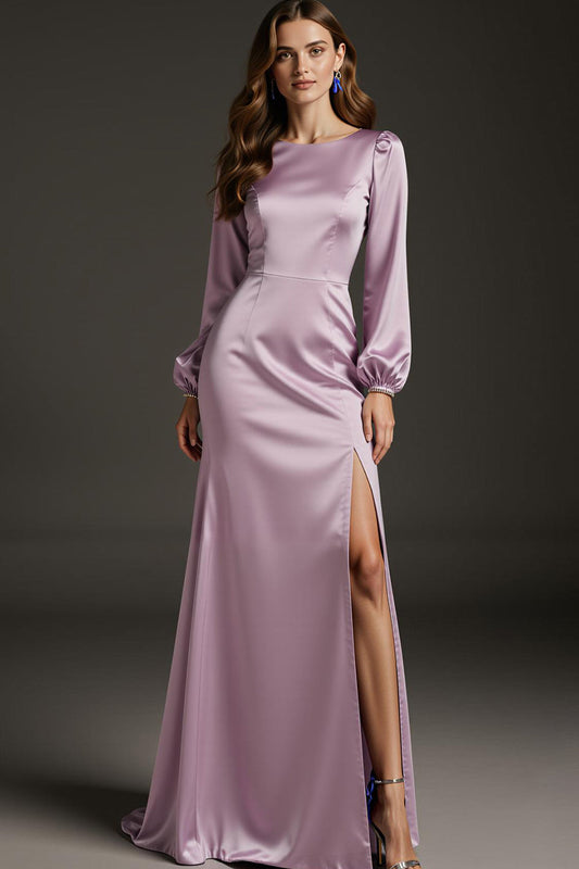 Robe de soirée sirène en satin violet clair, à manches longues, avec fente