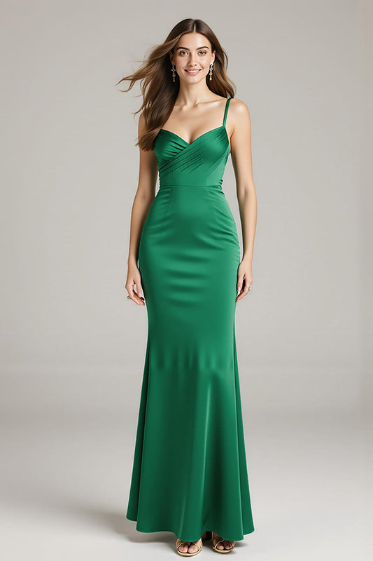 Robe longue de soirée sirène en satin vert à fines bretelles