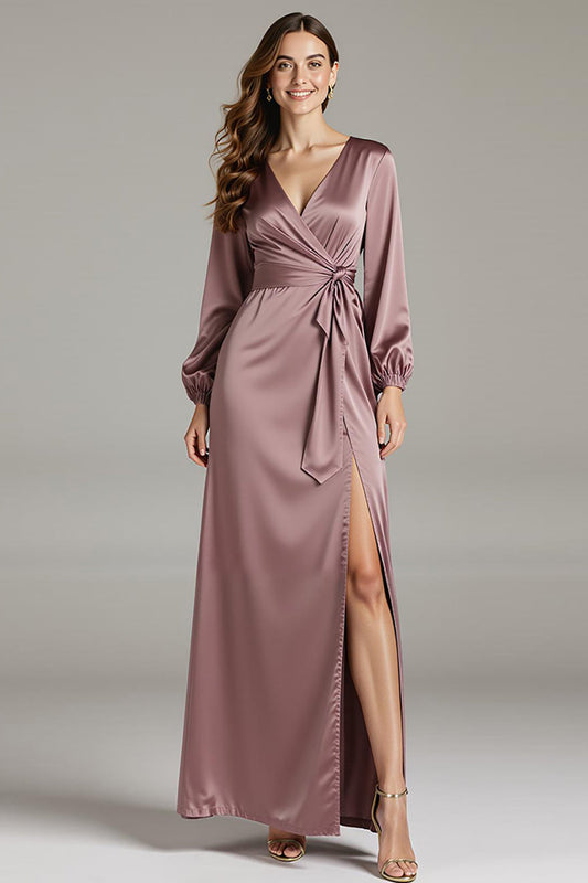 Robe de soirée longue fendue en satin mauve vintage à col en V et manches longues