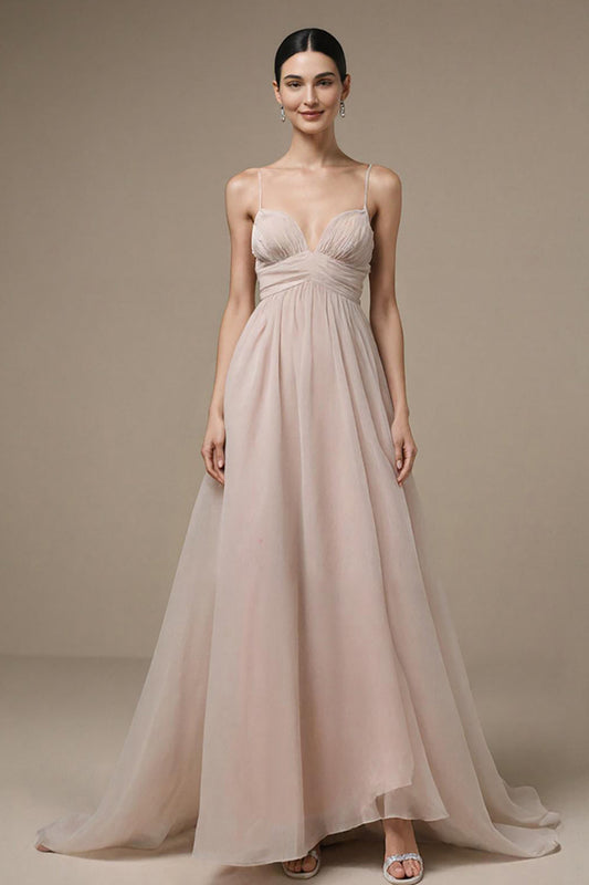 Robe de soirée longue trapèze rose pâle à fines bretelles