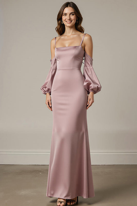 Robe de soirée longue sirène en satin rose clair avec manches