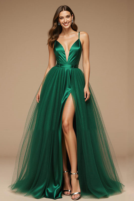 Robe longue trapèze verte à bretelles spaghetti pour concours de beauté