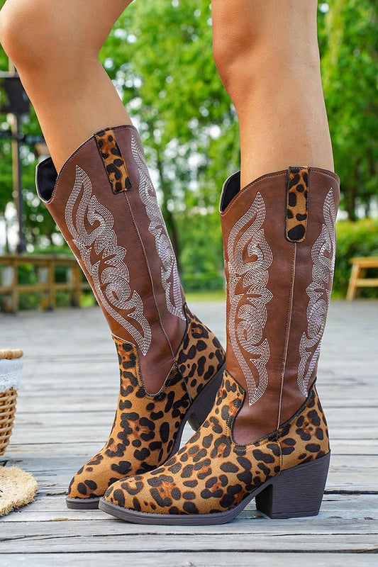 Bottes de Cow-girl à Gros Talon Imprimé Léopard Marron et Brodé à Mollets Larges