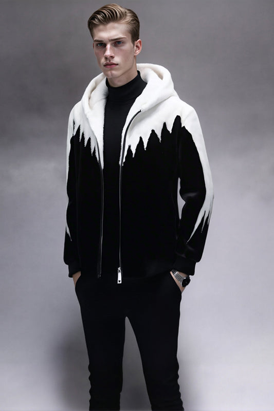 Manteau d'hiver zippé à capuche pour homme en fausse fourrure noir et blanc