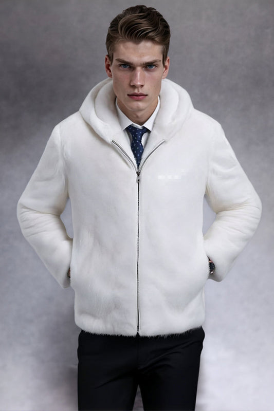 Manteau homme en fausse fourrure blanche épaisse à capuche