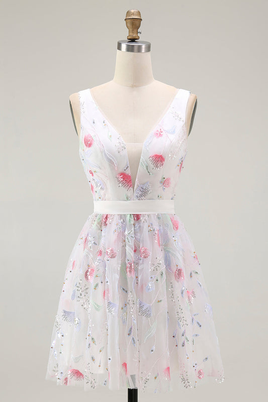 Robe de Cocktail Pailletée Blanche Fleurie Brillante, Décolleté en V, Dos Nu, Coupe Trapèze