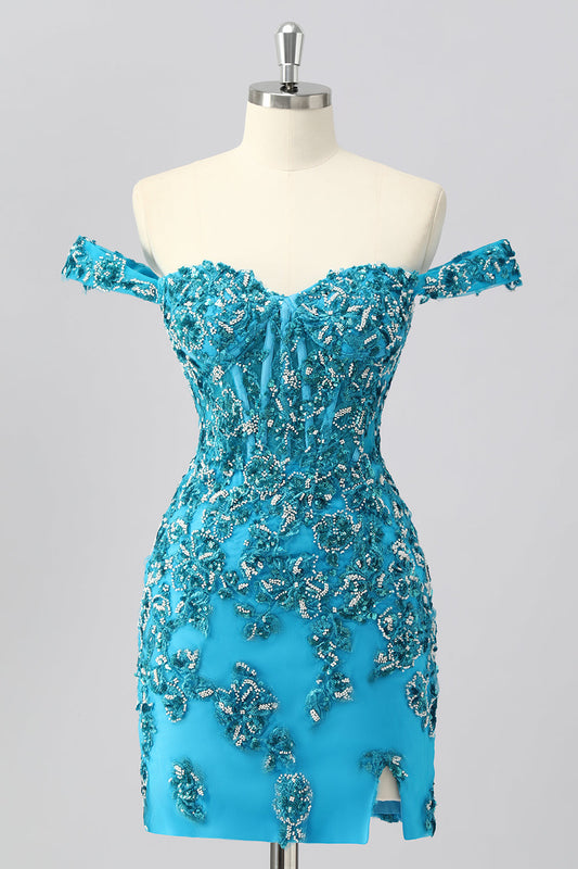 Robe de cocktail moulante corset bleu perlé avec appliqués et épaules dénudées