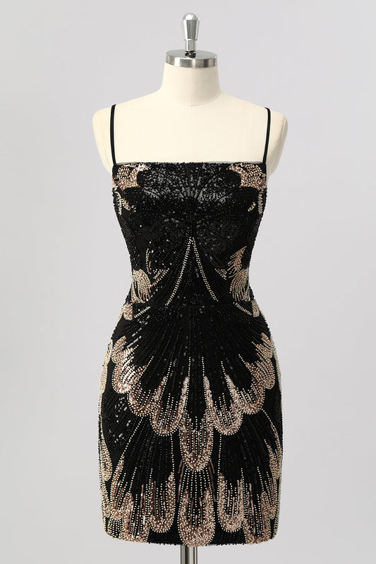 Robe de soirée courte moulante noire à sequins avec laçage au dos