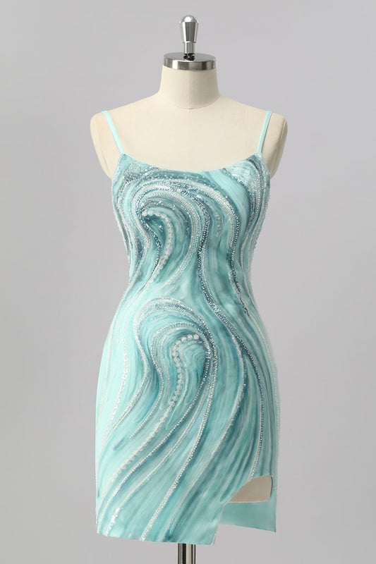 Robe de cocktail mini fourreau verte à paillettes et perles