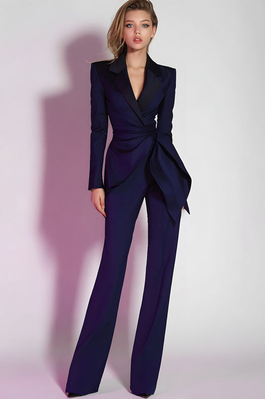 Dark Purple Notched Lapel Ruched Prom Suits with Sash