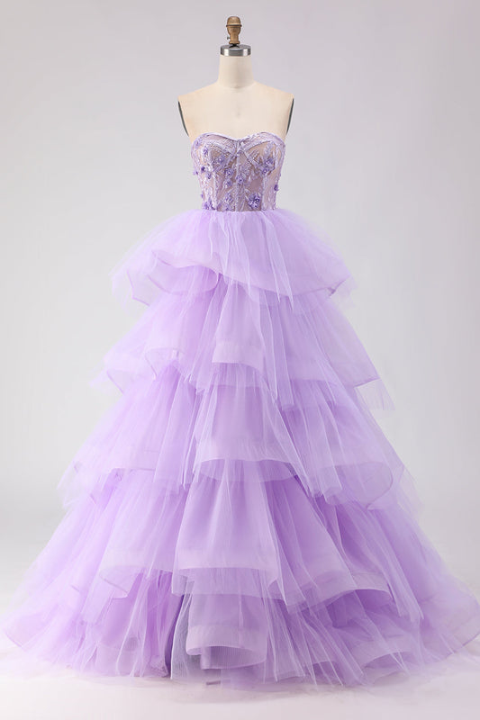 Robe de bal longue princesse bustier corset violet perles à volants