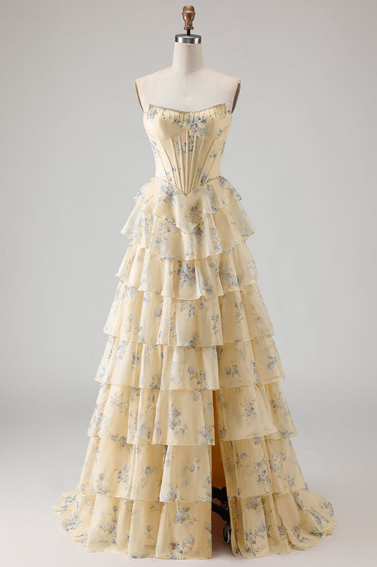 Robe de bal longue corset fendue à volants étagés motif floral jaune et bleu sans bretelles, coupe trapèze
