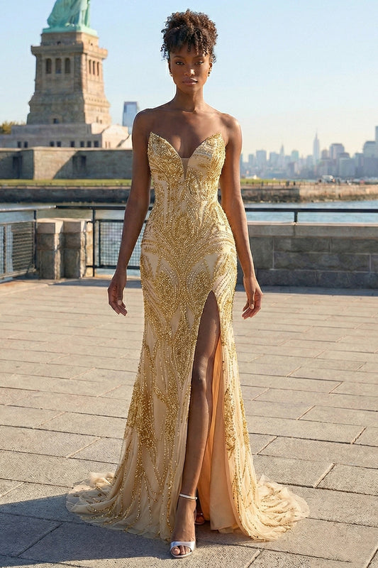 Robe de bal longue sirène dorée avec perles et fente