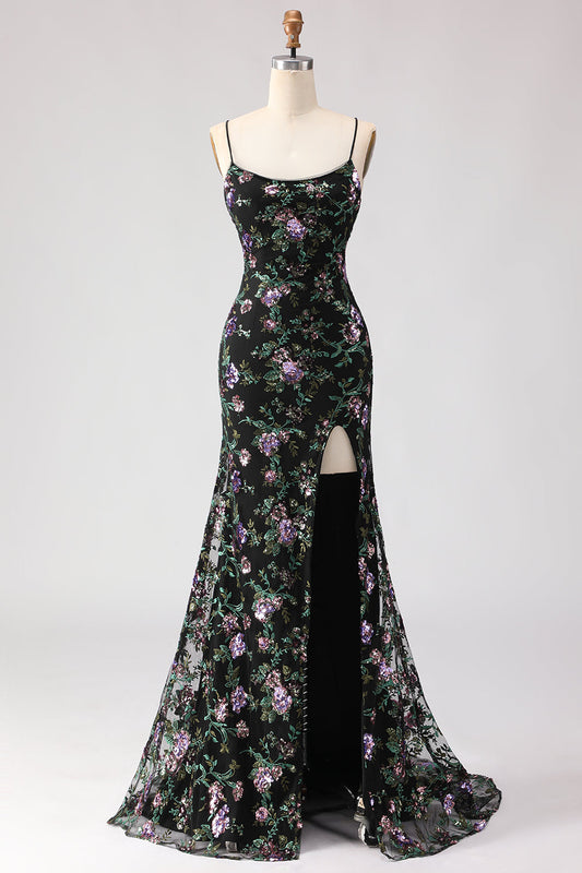 Robe de bal longue sirène noire à sequins et fente, avec laçage floral au dos