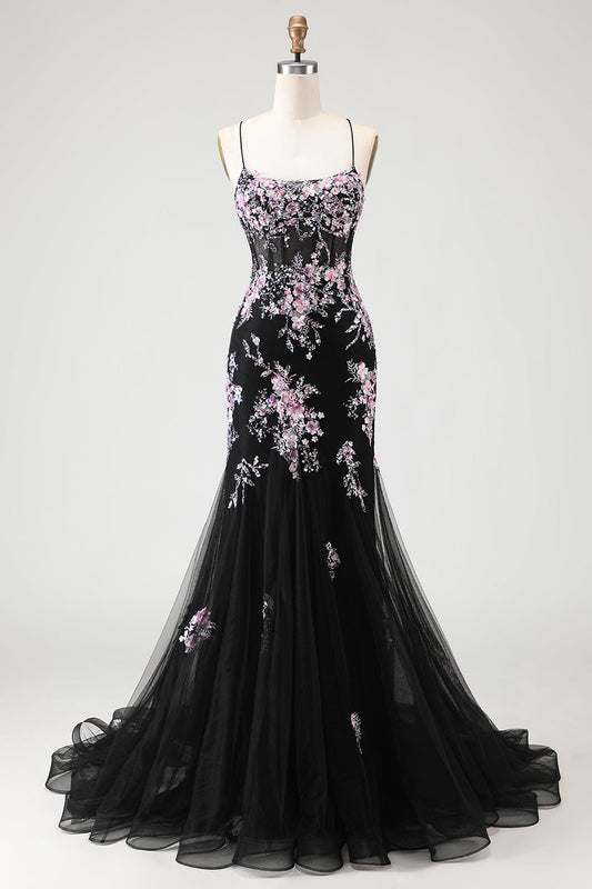 Corset long en sequins, coupe sirène, noir étincelant avec fleurs roses, pour bal de promo, dos lacé.