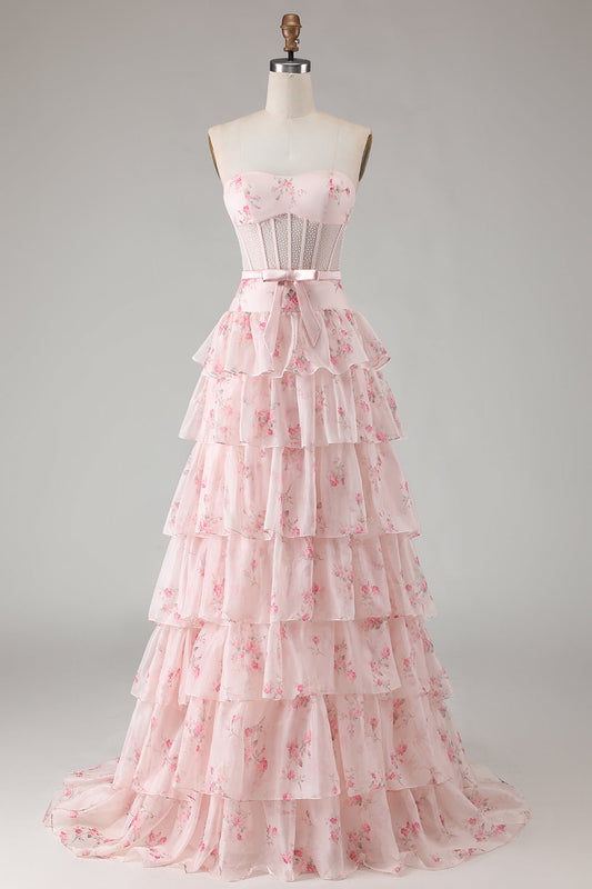 Robe de bal longue bustier rose floral à volants, corset et perles