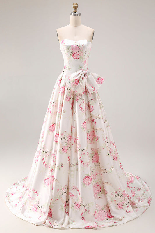 Strapless A-Line White Pink Floral Print Long Prom Dress with Bow