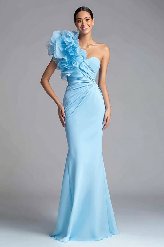 Robe de Soirée Longue Sirène Bleu Ciel Asymétrique à Volants