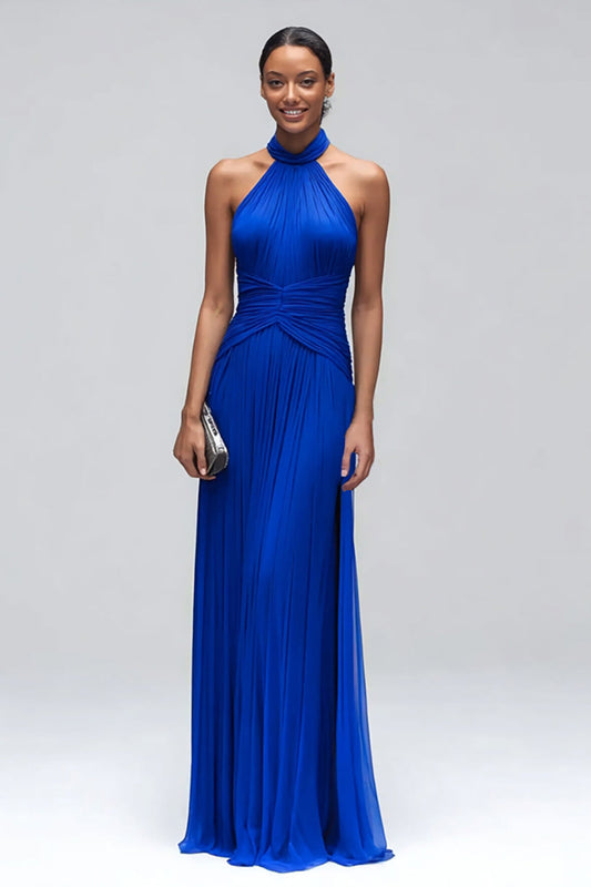 Robe de soirée longue moulante bleu roi à col montant