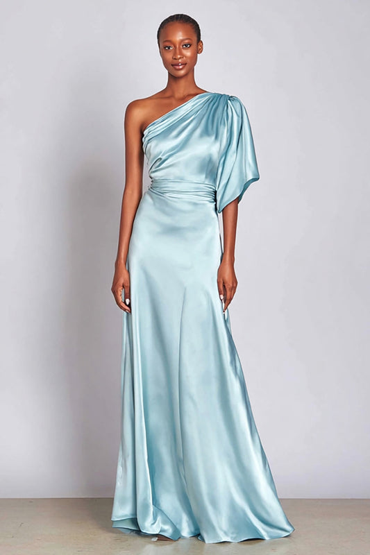 Robe de soirée longue trapèze asymétrique bleu clair