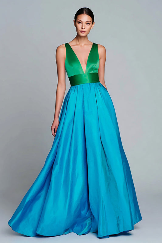 Robe de soirée évasée à col en V verte et bleue