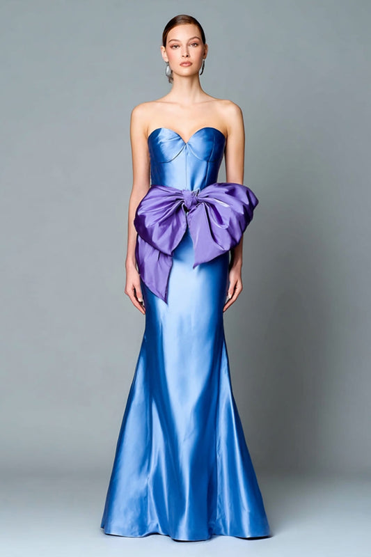 Robe de soirée sirène bleue bustier avec nœud