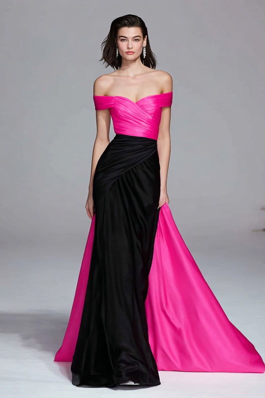 Robe longue de soirée sirène noire et fuchsia à épaules dénudées