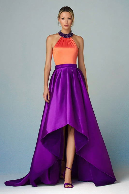 Robe de soirée asymétrique évasée orange et violette scintillante avec dos nu et perles