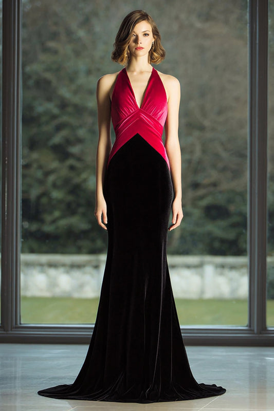 Robe de soirée longue noire et fuchsia en velours sirène à encolure dos-nu