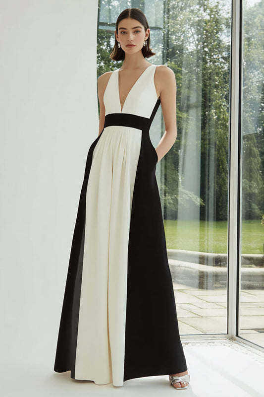 Robe de Soirée Longue en A Noir et Blanc Col V avec Poches