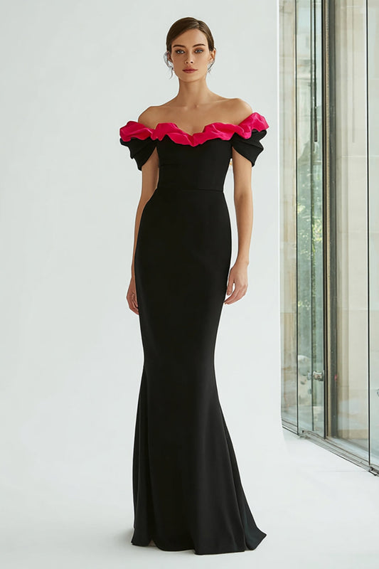Robe de soirée longue sirène noire et fuchsia à volants et épaules dénudées