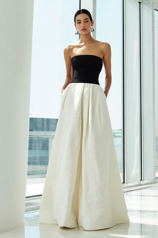 Robe longue de cérémonie simple noire et blanche, ligne A, sans bretelles, avec poches