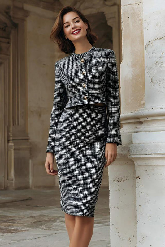 Robe de travail grise ajustée en tweed, simple boutonnage, 2 pièces
