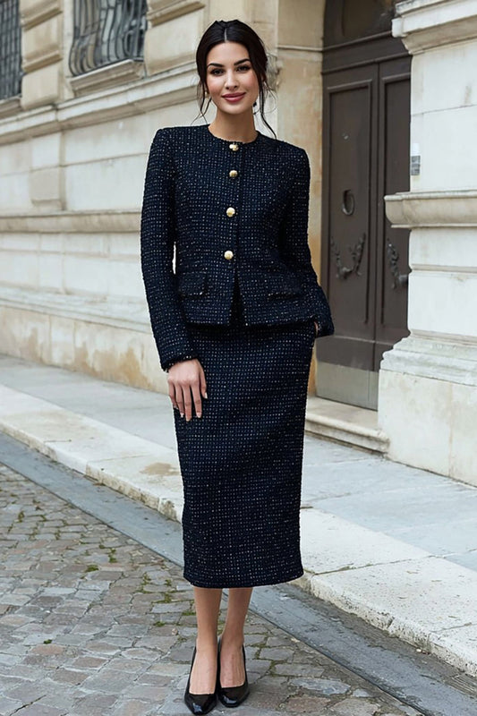Vestido de oficina midi de dos piezas con falda lápiz, manga larga y tweed negro