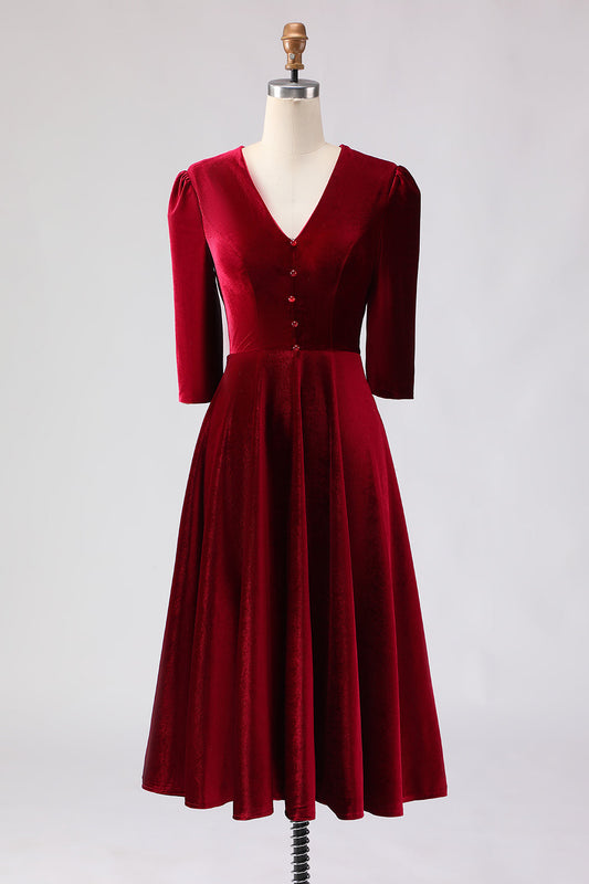 Burgundy Velvet A Line V-Neck Midi Work Dress with Half Sleeves