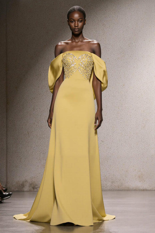 Robe de soirée longue sirène épaules dénudées jonquille scintillante à sequins