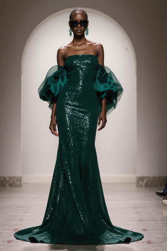Robe de soirée longue sirène vert foncé pailleté sans bretelles à sequins avec manches