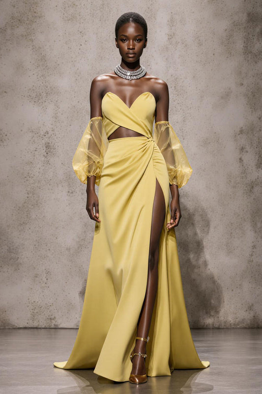 Robe de soirée sirène longue en satin Daffodil Sweetheart avec manches