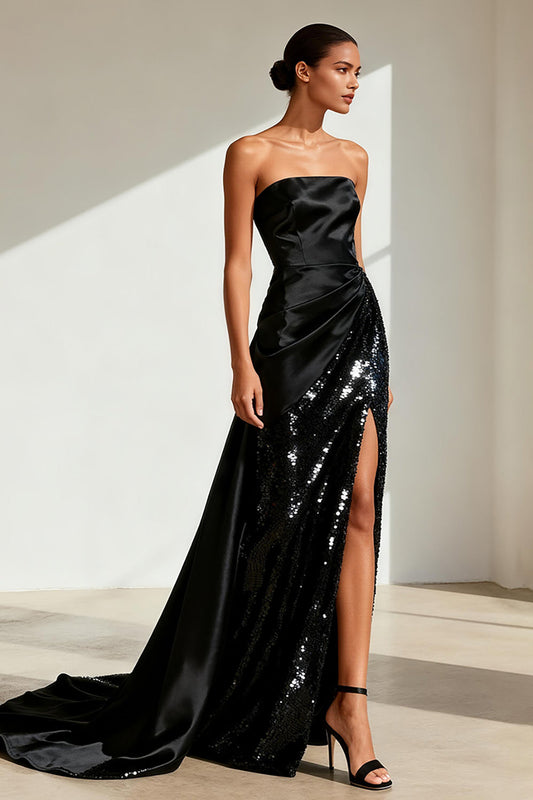 Robe de soirée longue noire bustier en satin à paillettes avec fente