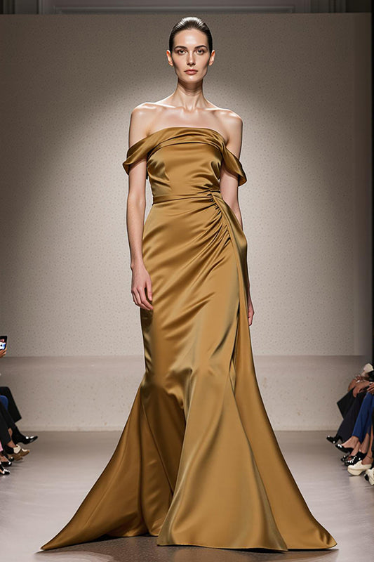 Robe longue de soirée sirène en satin jaune à épaules dénudées