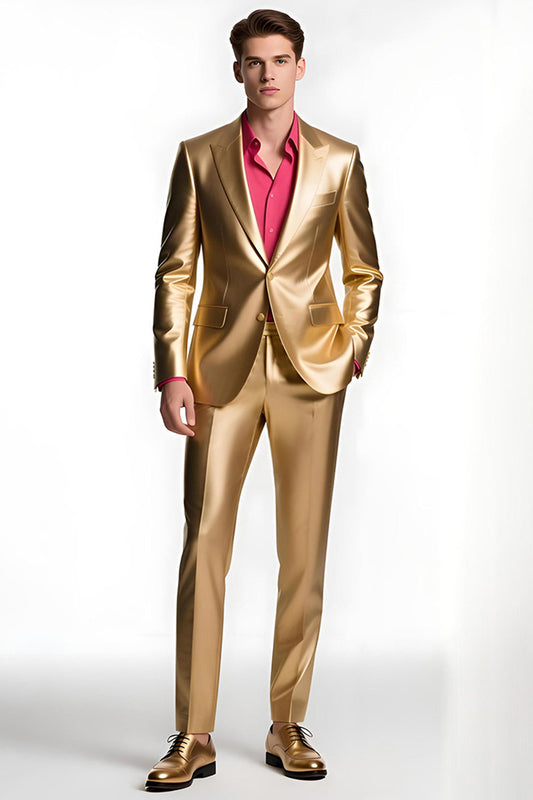 Men's Golden Prom Suit with One Button and Peak Lapel
