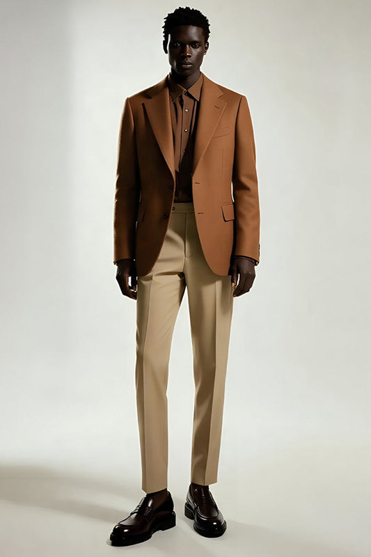 Costumes pour hommes à revers crantés, simple boutonnage, kaki foncé