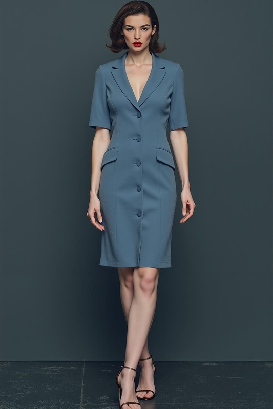 Robe de travail midi bleu poudré à manches, col cranté et simple boutonnage