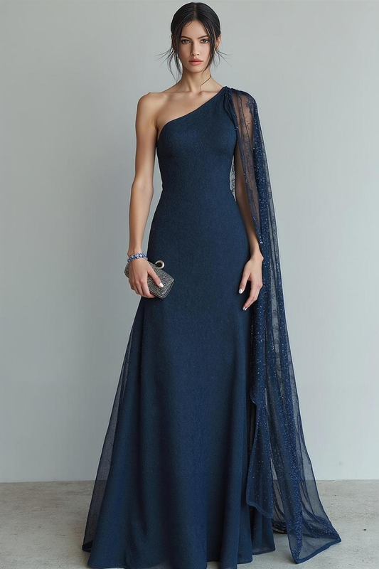 Robe longue de soirée fourreau asymétrique à cape bleu marine