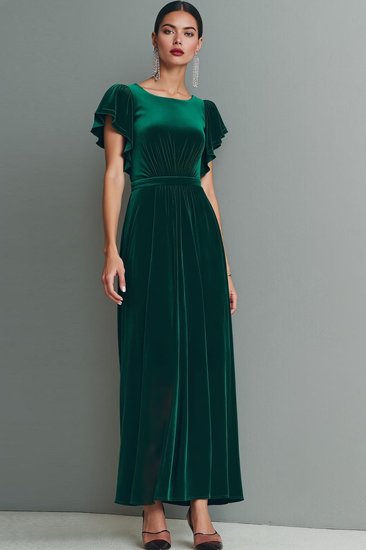 Robe longue de soirée vert foncé en velours avec manches flottantes