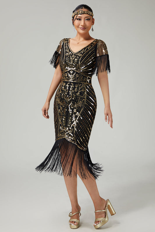 Robe Noire Dorée Années 20 Col en V Avec Paillettes et Franges