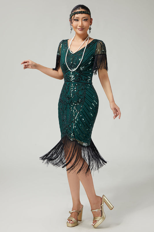 Robe fourreau à franges vert foncé à paillettes des années 20 à manches courtes