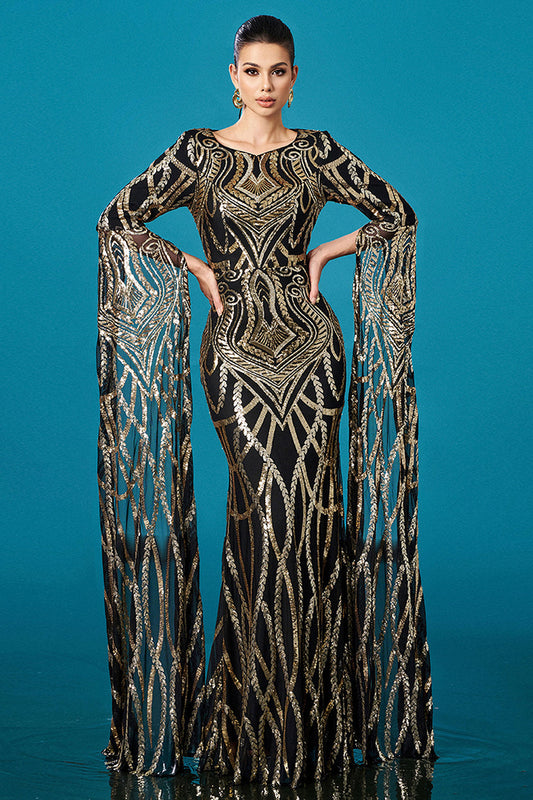 Robe de soirée sirène longue à manches longues à sequins, noir doré