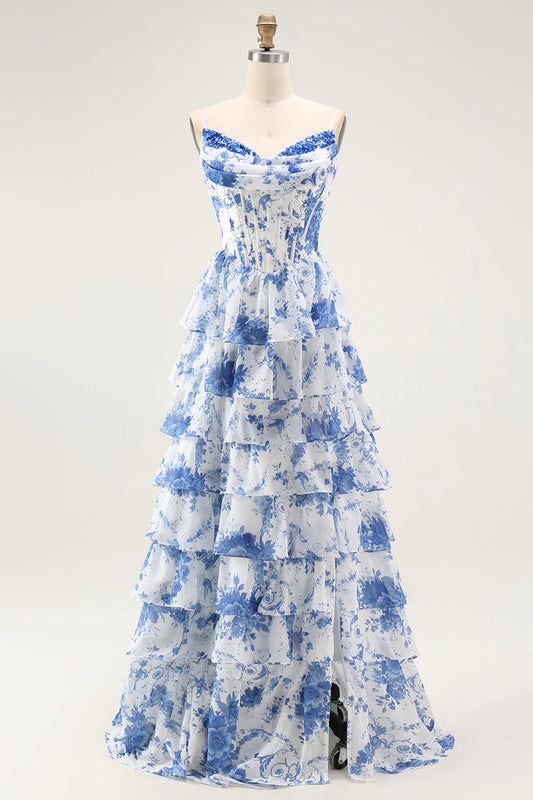 Robe de bal longue corset trapèze étagée fleur bleue et blanche avec fente
